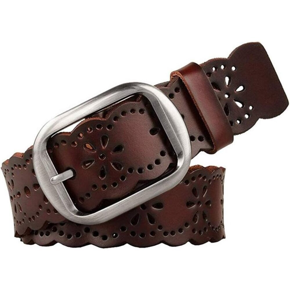 Women's Hollow Flower Genuine Leather Belt Jeans Pants Wide Belt For Ladies - Picture 1 of 6
